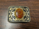 VTG solid Brass Brown Gemstone Centered Western Cowboy Belt Buckle
