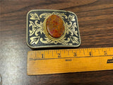 VTG solid Brass Brown Gemstone Centered Western Cowboy Belt Buckle