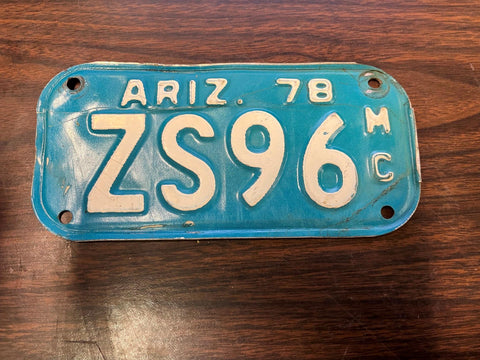 VTG 1978 Arizona State Motorcycle License Plate ZS96 Original