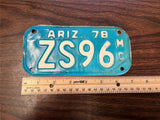 VTG 1978 Arizona State Motorcycle License Plate ZS96 Original