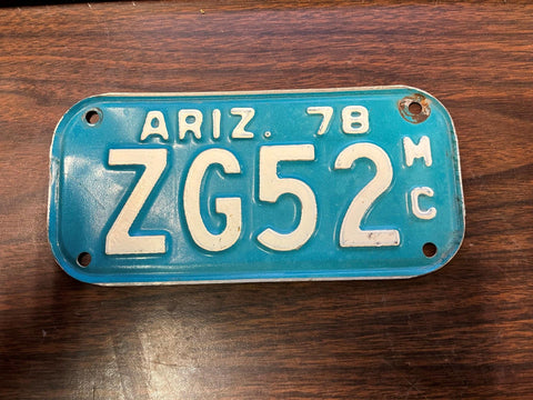 VTG 1978 State of Arizona Motorcycle License Plate ZG52 Original