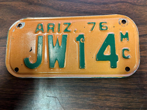 VTG 1976 State of Arizona Motorcycle License Plate JW14 Original