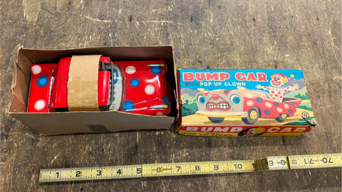 Vtg NOS Wakasuto Boeki Bump Car Japan Pop Up Clown Friction Toy Tin New in Box!