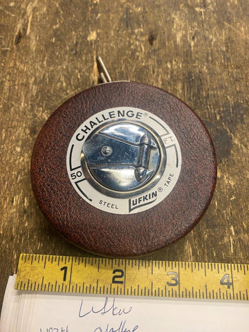 Vtg LUFKIN RULE CO Challenge Leather 50ft Black Steel Tape Measure Carpenter Nic