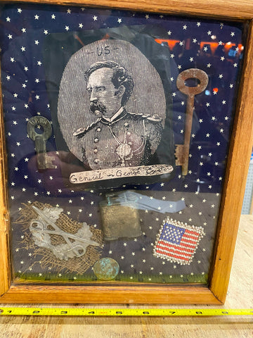 Civil War Shadow Box Display RR key Skeleton Hat Badge Custer Lighter Flag Vtg!