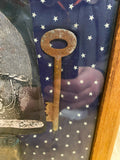 Civil War Shadow Box Display RR key Skeleton Hat Badge Custer Lighter Flag Vtg!