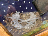 Civil War Shadow Box Display RR key Skeleton Hat Badge Custer Lighter Flag Vtg!