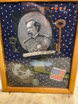 Civil War Shadow Box Display RR key Skeleton Hat Badge Custer Lighter Flag Vtg!