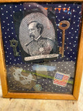 Civil War Shadow Box Display RR key Skeleton Hat Badge Custer Lighter Flag Vtg!