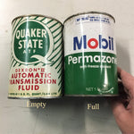 Vtg Full Mobil Permazone Antifreeze Coolant & Empty Quaker State ATF Metal Cans