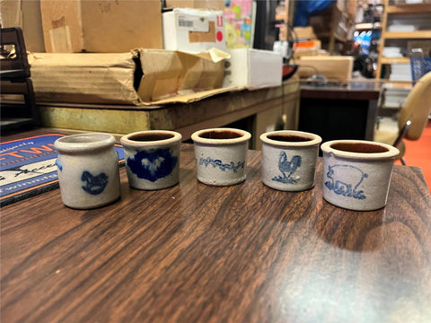 VTG Lot of 5 Blue Salt Glaze Pottery Home-made 2" cups