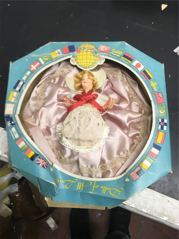Vintage Doll of all lands Pink/white lace dress blonde box USA 1950s Antique