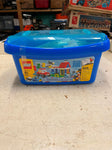 blue bin filled with lego pieces 400+ various colors and pieces