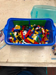 blue bin filled with lego pieces 400+ various colors and pieces