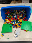 blue bin filled with lego pieces 400+ various colors and pieces