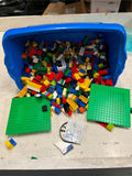 blue bin filled with lego pieces 400+ various colors and pieces