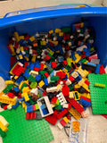 blue bin filled with lego pieces 400+ various colors and pieces