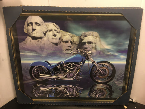 Classic Harley Davidson custom Chopper framed art Mt Rushmore glass wall décor