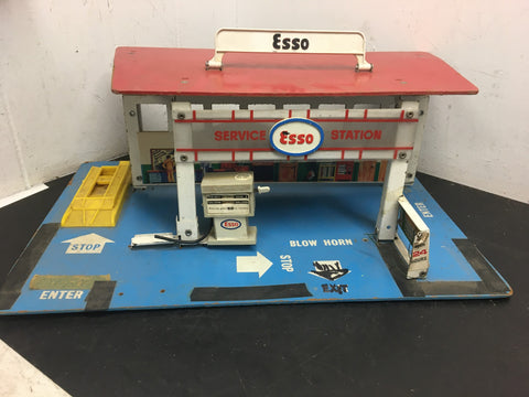 Vintage 1970s Esso service station tin Litho wooden fold up station garage toy