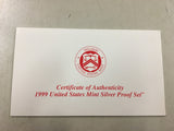 1999 United States mint silver proof hard case set 9 collectable coins