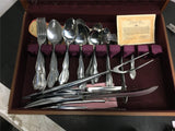 Vintage Lot Silverware Set Rodgers & Bro wooden box Knives spoons forks cloth 82