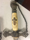 M C Lilley Co Templar Etched Sword bone Masonic Knights w Scabbard chain & loops