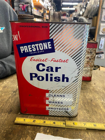 Vtg Oil can Polish Auto Car Garage Service Station Gallon Prestone Nice Graphi