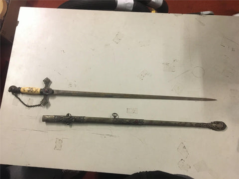 M C Lilley Co Templar Etched Sword bone Masonic Knights w Scabbard chain & loops