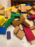 Tin container full of vintage wooden blocks and shapes childrens toys
