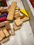 Tin container full of vintage wooden blocks and shapes childrens toys