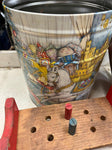 Tin container full of vintage wooden blocks and shapes childrens toys