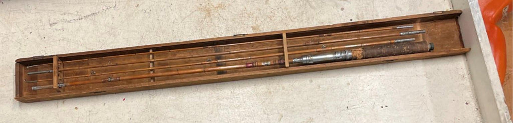 vtg antique Tokyo Japan Crown Logo 4pc split bamboo fishing rod in