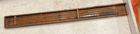 vtg antique Tokyo Japan Crown Logo 4pc split bamboo fishing rod in display case