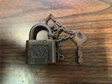 Vtg antique Brass and Iron Record Padlock Lock with original key tested works