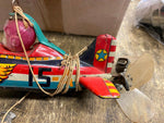 Vtg Tin Wind Up Toy Airplane Machine Gun Tether Litho Celluloid Marx A51 1950's