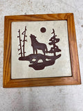 vtg Stoneware Hot Plate Howling Wolf Framed hangable decoration piece