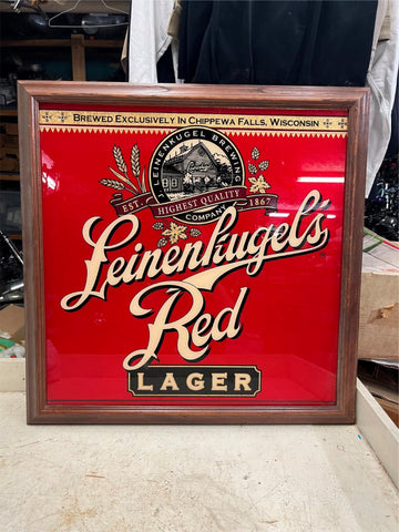 vtg Leinenkugal's Red Larger Brewery framed glass 27X26 beer sign man cave deco