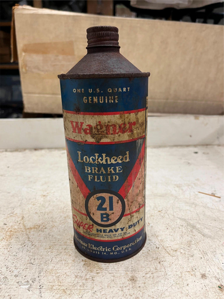 vtg Made in USA 1940s Wagner Lockheed Brake Fluid 32 oz. tin can half ...