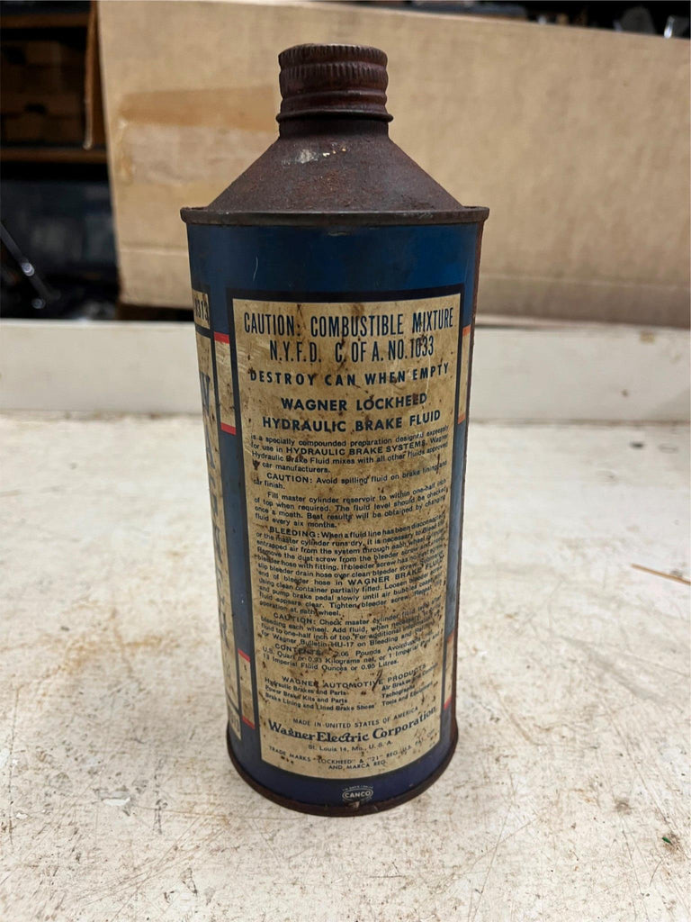 vtg Made in USA 1940s Wagner Lockheed Brake Fluid 32 oz. tin can half ...