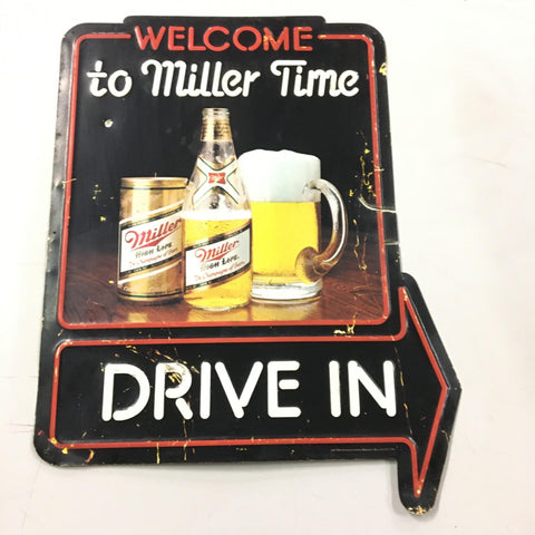 Vtg Welcome to Miller Time Drive In Breweriana Beer mancave advertising tin sign