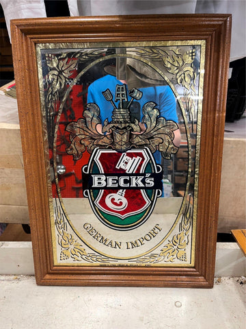 vtg Becks German Import Mirrored Framed advertising bar sign 19X14 man cave