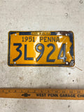 vtg 1951 Pennsylvania License plate Penna Ford Chevrolet Dodge 3L924