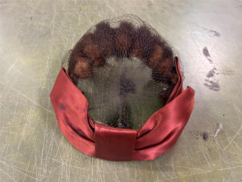 VTG Antique Green Net Velvet Fascinator Hat Satin Real Fur Millinery Rust