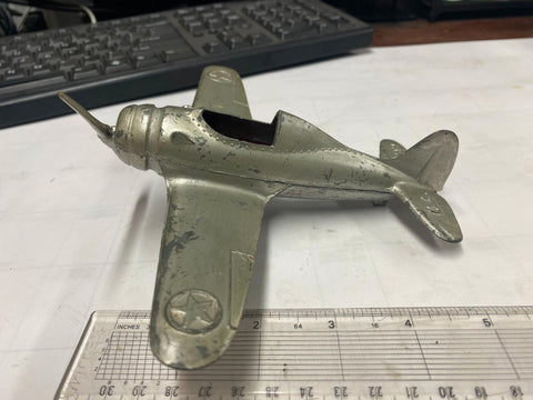 Vtg Kiddie Toy Airplane WW2 Hubley Cast Fold up Wheels Mustang Fighter Plane