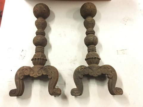 Antique Vtg Rusted Cast Iron Hammered Look Fireplace Pair Andirons cast # 3720