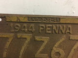 Vintage license plate lot 2 1944 PENNA 77Z67 & 1946 PENNA MA672 mancave garage
