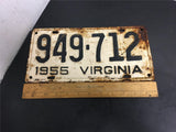 Vintage original 1955 Virginia license plate 949-712 white & black  unrestored
