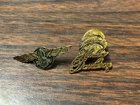 VTG Lot of 2 Gold Plated Harley Davidson Motorcycle Vest Pins Bald Eagle