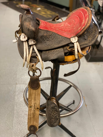 Vtg Leather Saddle Horse Pony Youth kids Fancy work conchos Western Cowboy