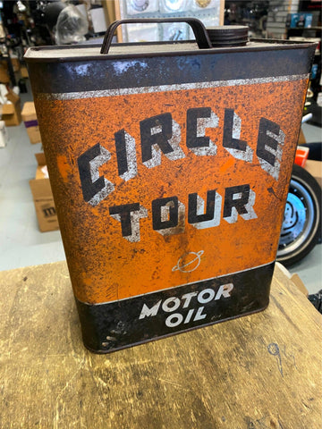 Vtg Cirlce tour Gas Oil Can 2 Gallon Metal Tin Collectible! Man Cave! 1950's